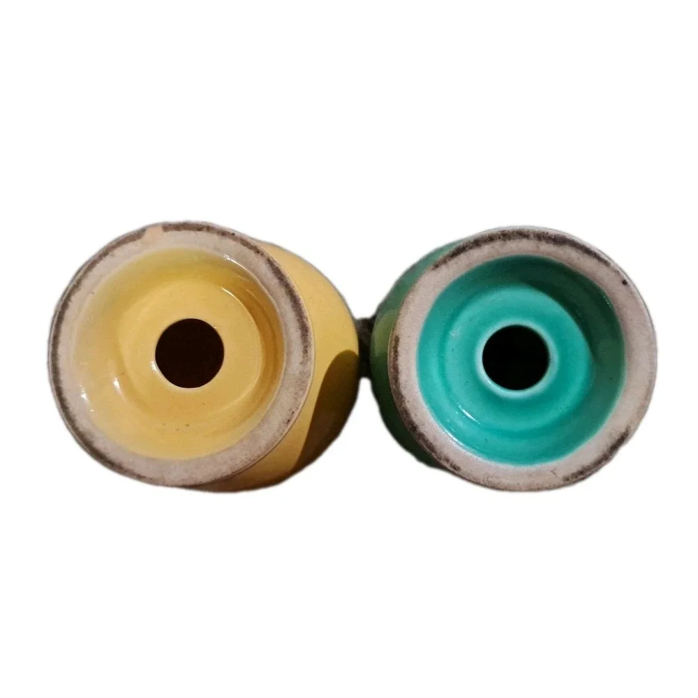 Vtg Fiesta Ware Salt/Pepper Shakers Yellow & Green Round Bulb Shape No Corks USA